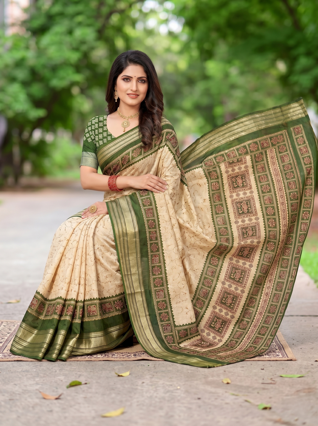 DESIGNER CREAM SOFT SILK SAREE WITH OLIVE GREEN BORDER | TRADITIONAL MOTIF PRINTED PALLU & VERTICAL ZARI STRIPES