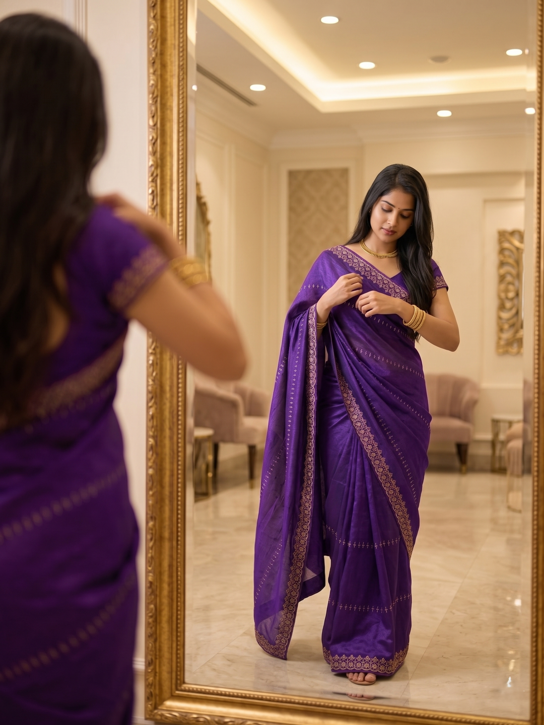 Royal Purple Silk Saree with Rose Gold Zari Border