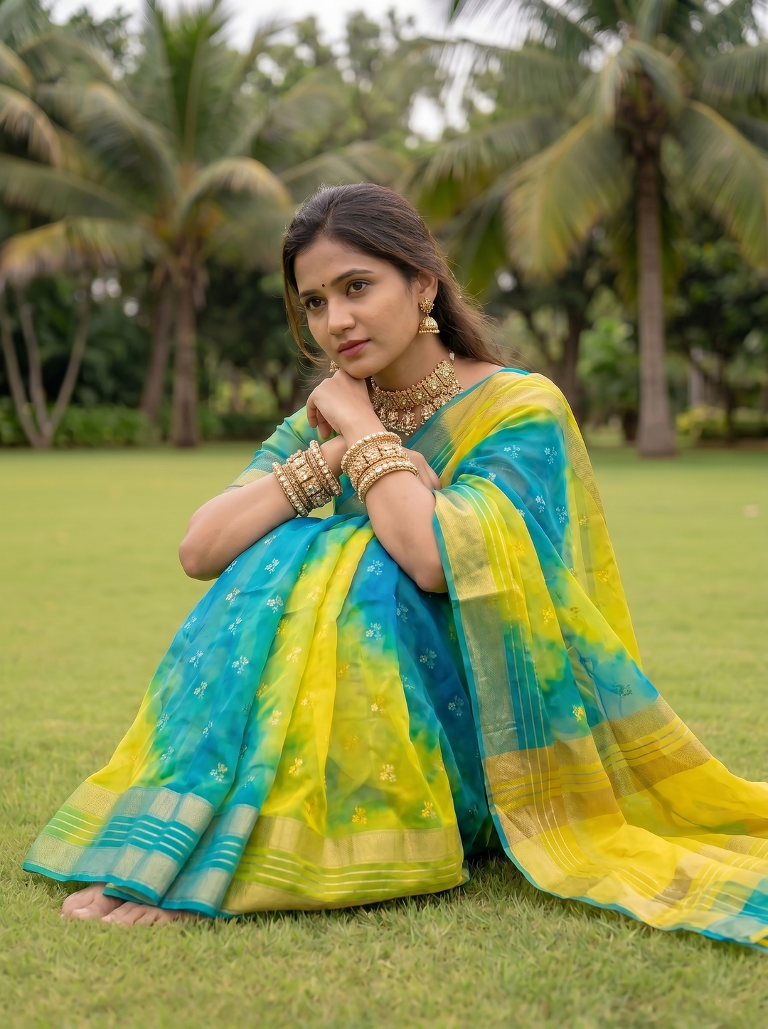 PREMIUM LIGHTWEIGHT GEORGETTE LEHERIYA SAREE WITH GOLDEN BUTTI & ZARI WOVEN BORDER - BLUE & YELLOW