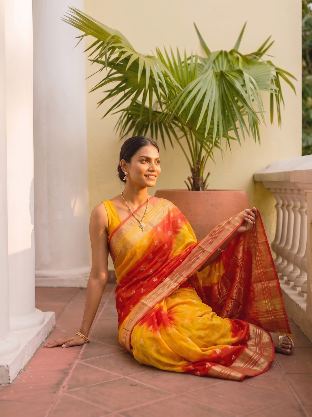 PREMIUM LIGHTWEIGHT GEORGETTE LEHERIYA SAREE WITH GOLDEN BUTTI & ZARI WOVEN BORDER - YELLOW & RED