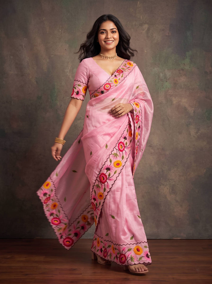 KAJOL FLORAL EMBROIDERED PINK SAREE