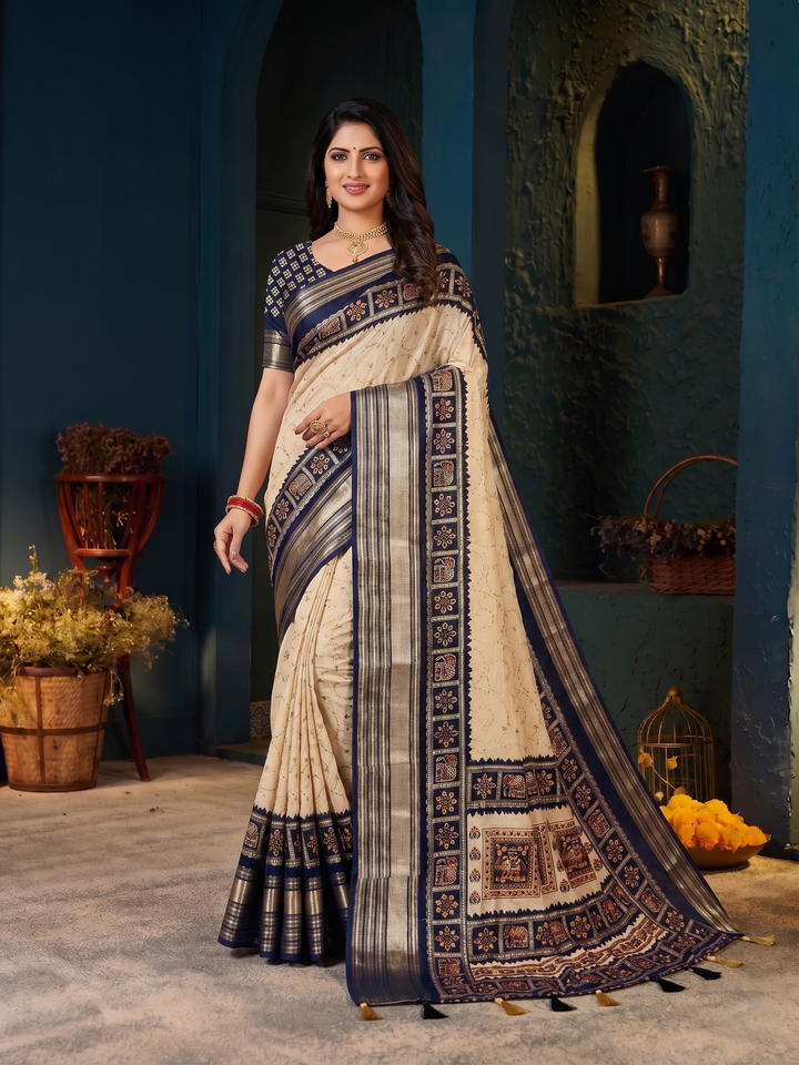 OFF-WHITE CREAM SOFT SILK SAREE - NAVY BLUE BORDER WITH ETHNIC ELEPHANT BLOCK-PRINT DESIGN