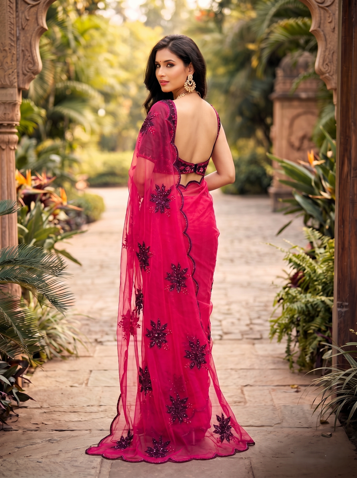 BLACKBERRY ELEGANT CHERRY RED GEORGETTE SAREE - BLACK STONE MOTIF WORK & CUT-WORK BORDER