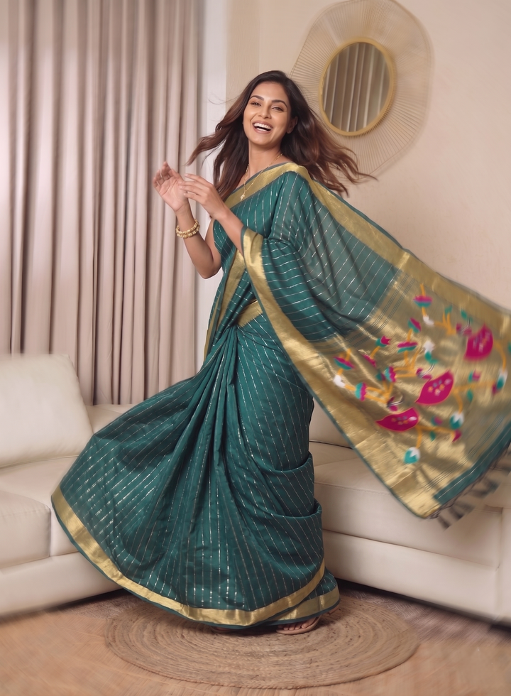 BOTTLE GREEN SOFT SILK JACQUARD PAITHANI SAREE | GOLD ZARI STRIPE PATTERN | TRADITIONAL PEACOCK DESIGN PALLU WITH TASSELS | FULL SIZE SILK SAREE FOR WOMEN