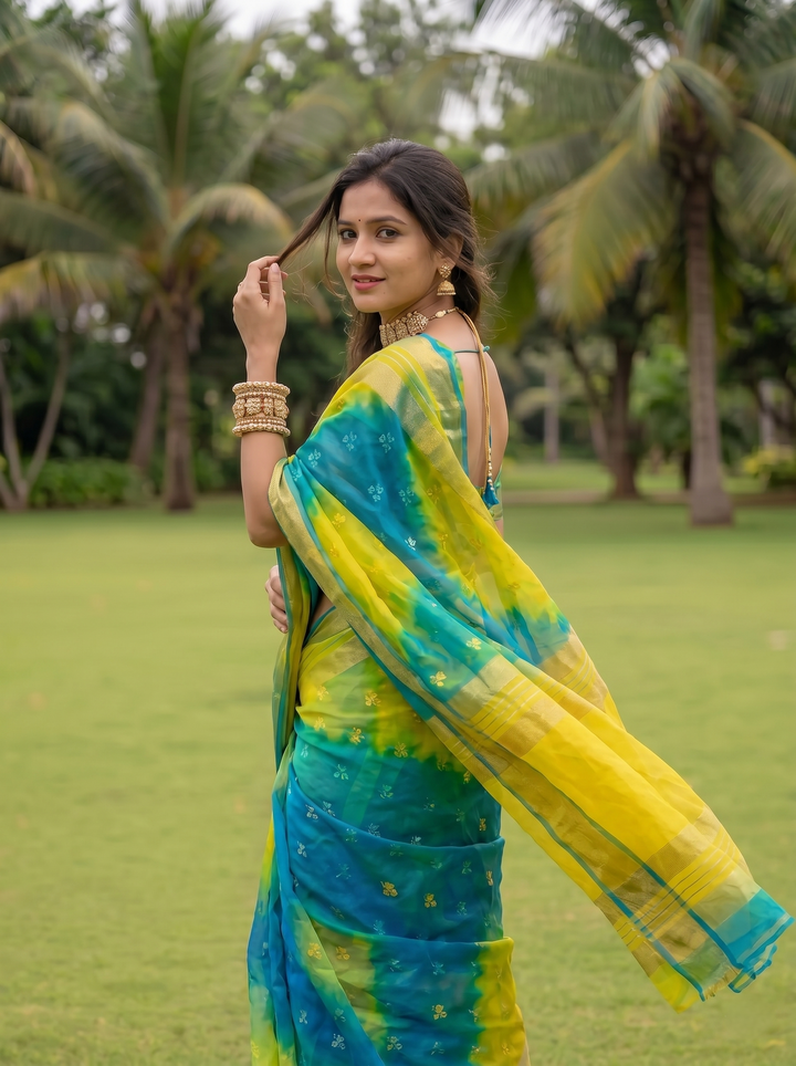 PREMIUM LIGHTWEIGHT GEORGETTE LEHERIYA SAREE WITH GOLDEN BUTTI & ZARI WOVEN BORDER - BLUE & YELLOW