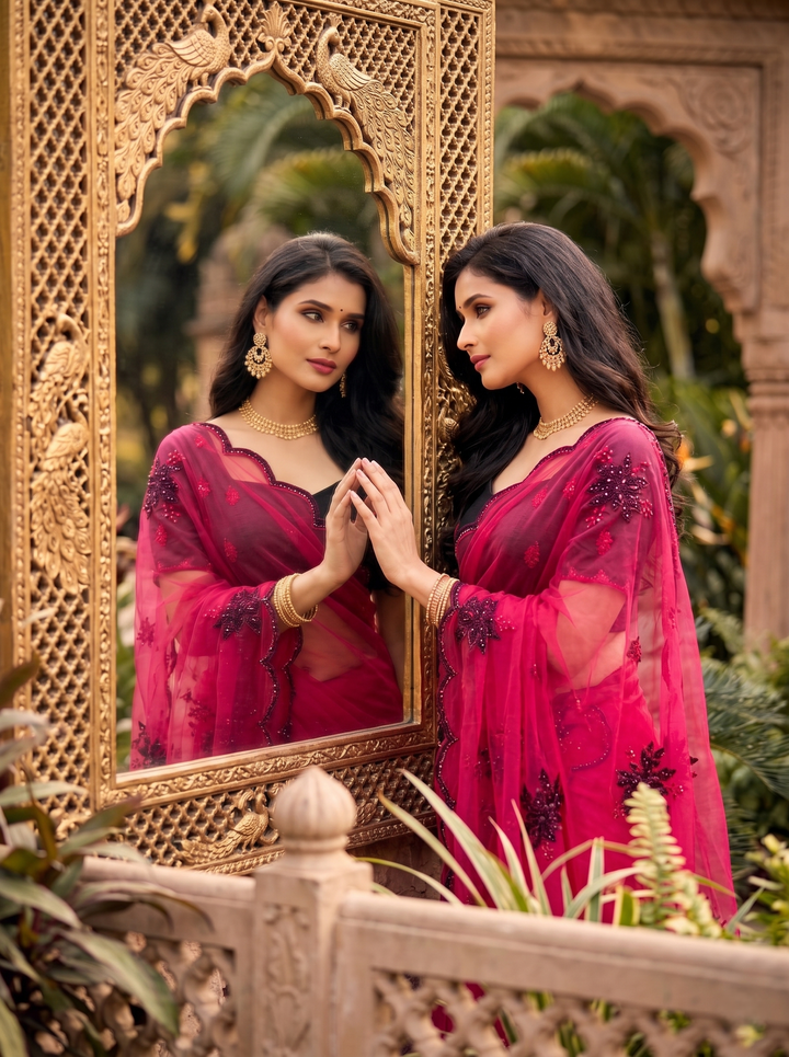 BLACKBERRY ELEGANT CHERRY RED GEORGETTE SAREE - BLACK STONE MOTIF WORK & CUT-WORK BORDER