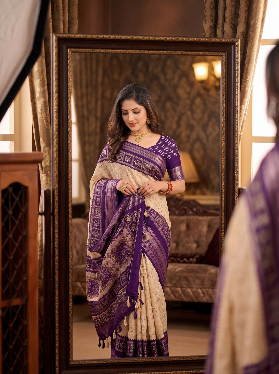 CREAM & ROYAL PURPLE SOFT SILK SAREE - TRADITIONAL ETHNIC PRINTS & JACQUARD BORDER