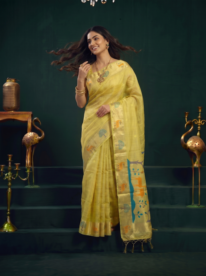 LEMON YELLOW SOFT COTTON SILK JACQUARD SAREE WITH GOLDEN ZARI BORDER | NATURE-THEMED TREE & DEER MOTIF SAREE WITH UNSTITCHED BLOUSE PIECE