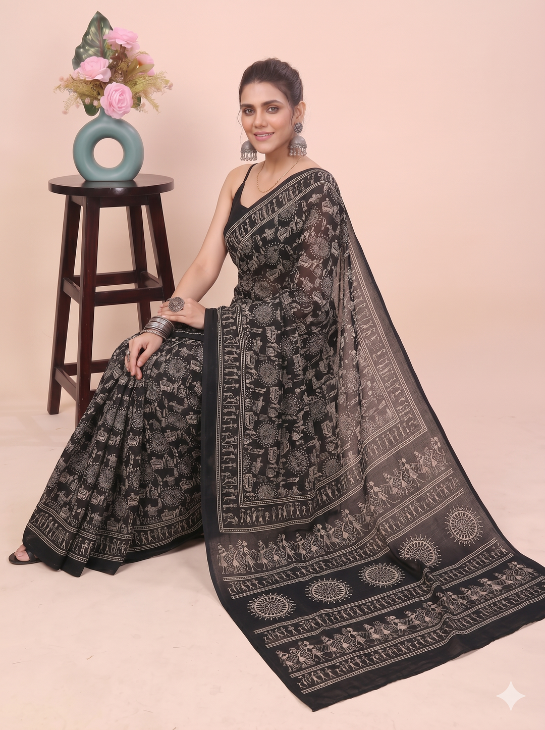 PREMIUM SOFT ART SILK WARLI PRINT SAREE WITH TRADITIONAL TRIBAL ART & MATCHING BLOUSE - BLACK & WHITE