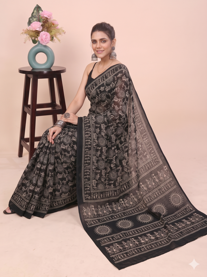 PREMIUM SOFT ART SILK WARLI PRINT SAREE WITH TRADITIONAL TRIBAL ART & MATCHING BLOUSE - BLACK & WHITE
