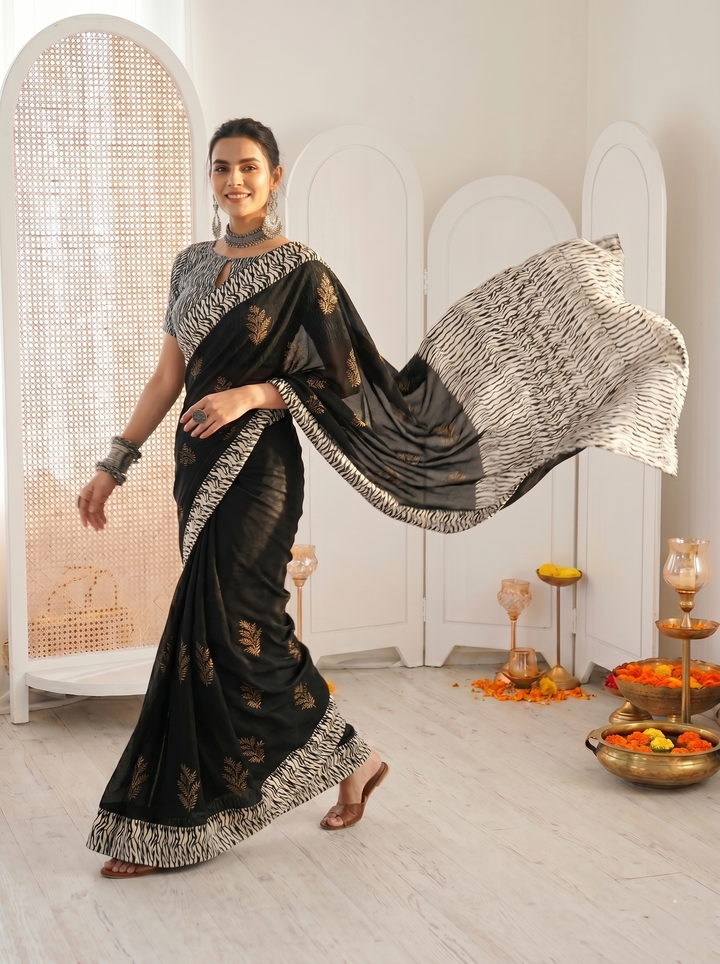 PREMIUM SOFT ART SILK SAREE WITH BLACK & WHITE WAVY PRINTED BORDER & GOLDEN LEAF MOTIFS