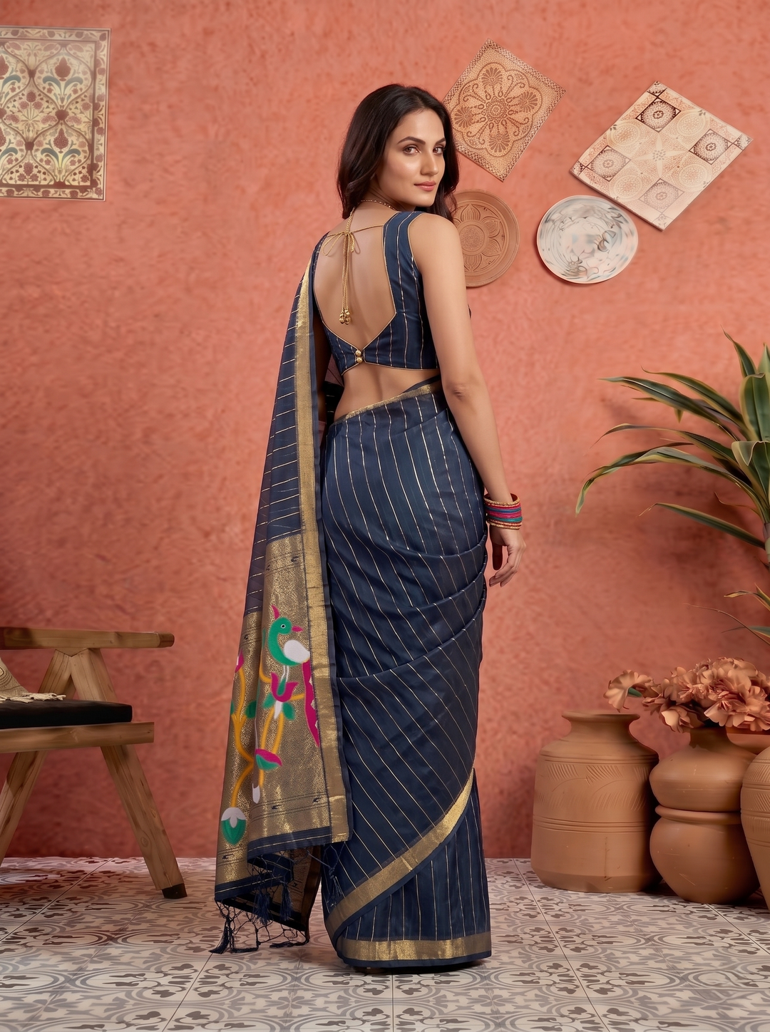 NAVY BLUE SOFT SILK SAREE - TRADITIONAL JACQUARD PAITHANI STYLE WITH MULTICOLORED MOR MOTIFS - SLIM SILHOUETTE GOLD ZARI STRIPE PATTERN