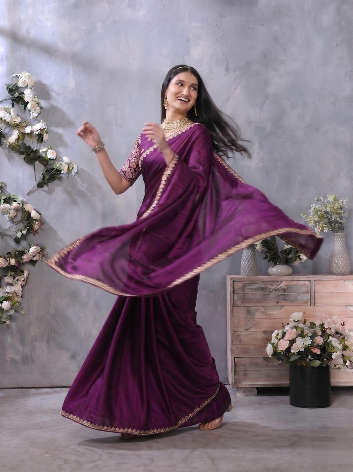 PREMIUM SOFT DILMOHI SILK SAREE WITH SCALLOPED EMBROIDERY BORDER & HEAVY WORK BLOUSE PIECE