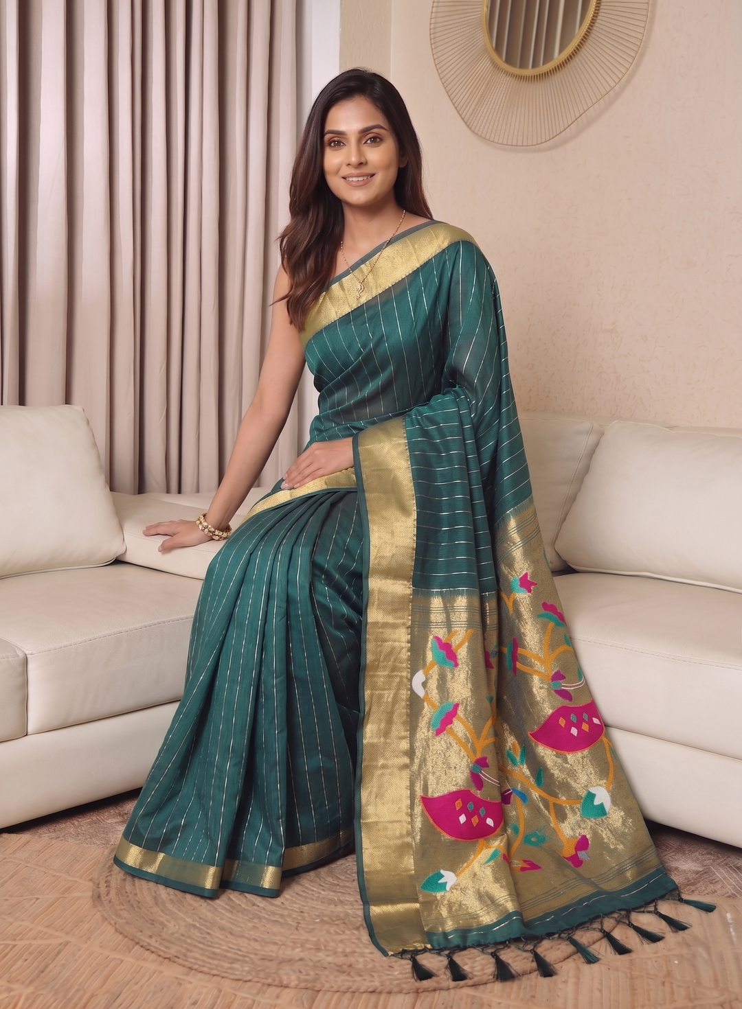 BOTTLE GREEN SOFT SILK JACQUARD PAITHANI SAREE | GOLD ZARI STRIPE PATTERN | TRADITIONAL PEACOCK DESIGN PALLU WITH TASSELS | FULL SIZE SILK SAREE FOR WOMEN
