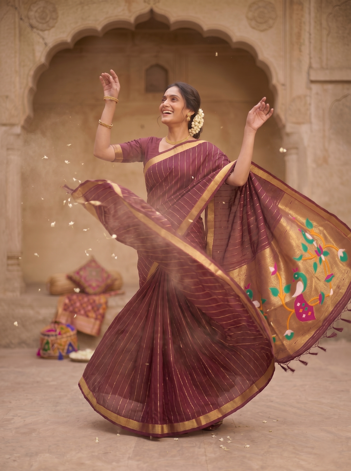 ELEGANT BOTTLE GREEN SOFT SILK SAREE - TRADITIONAL PAITHANI STYLE WITH MULTICOLORED MOR (PEACOCK) MOTIFS & GOLD ZARI STRIPES