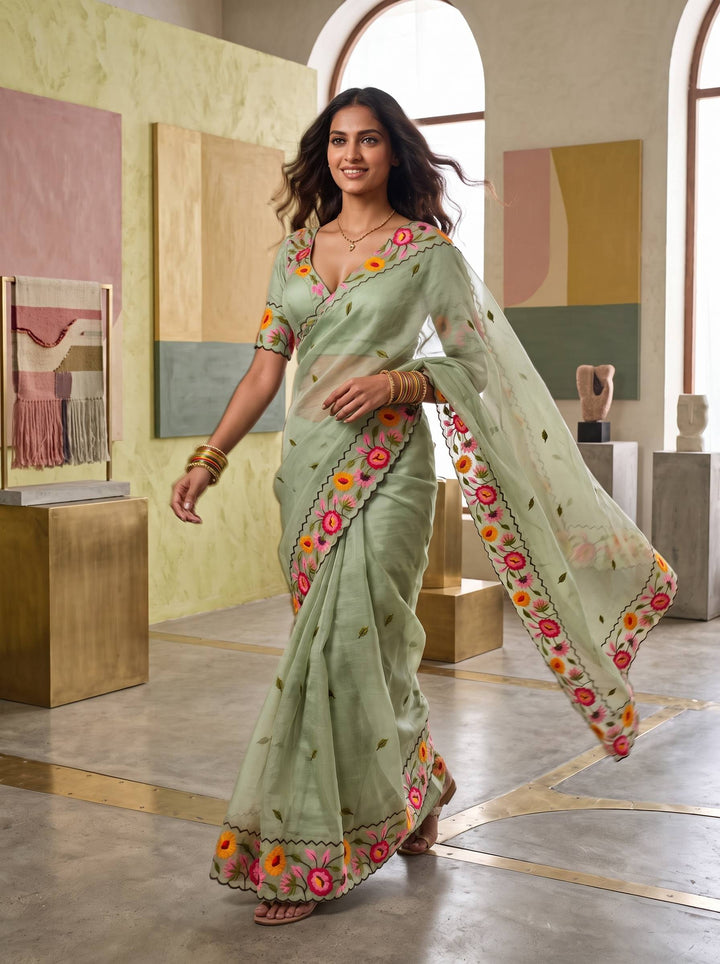 KAJAL SCALLOPED FLORAL LIGHT GREEN SAREE