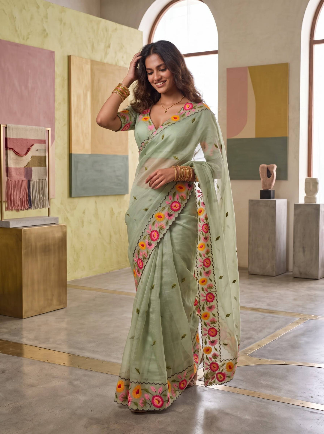 KAJAL SCALLOPED FLORAL LIGHT GREEN SAREE