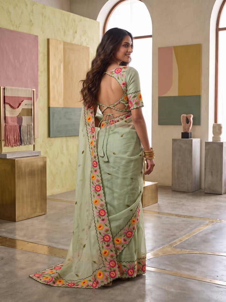 KAJAL SCALLOPED FLORAL LIGHT GREEN SAREE