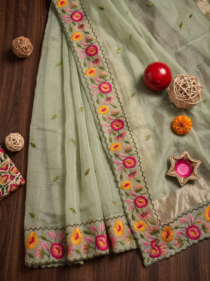 KAJAL SCALLOPED FLORAL LIGHT GREEN SAREE