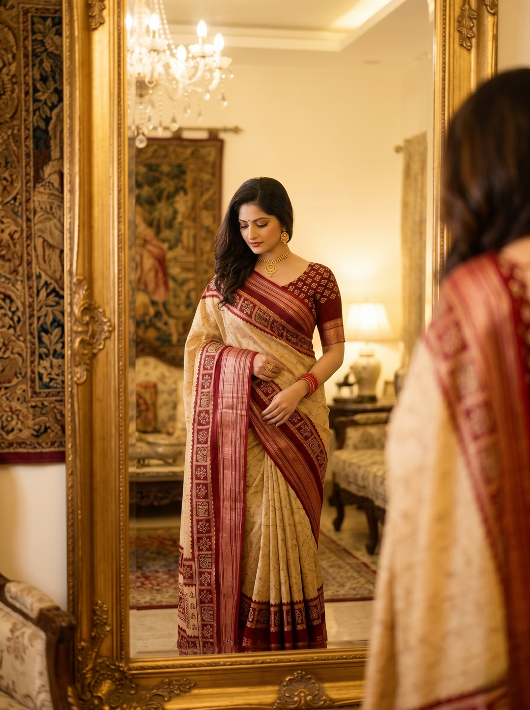OFF-WHITE CREAM SOFT SILK SAREE - DARK RED MAROON BORDER WITH ETHNIC ELEPHANT BLOCK-PRINT DESIGN