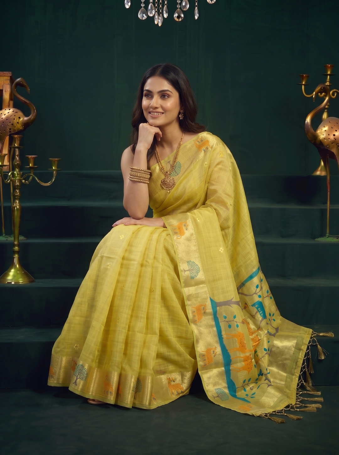 LEMON YELLOW SOFT COTTON SILK JACQUARD SAREE WITH GOLDEN ZARI BORDER | NATURE-THEMED TREE & DEER MOTIF SAREE WITH UNSTITCHED BLOUSE PIECE