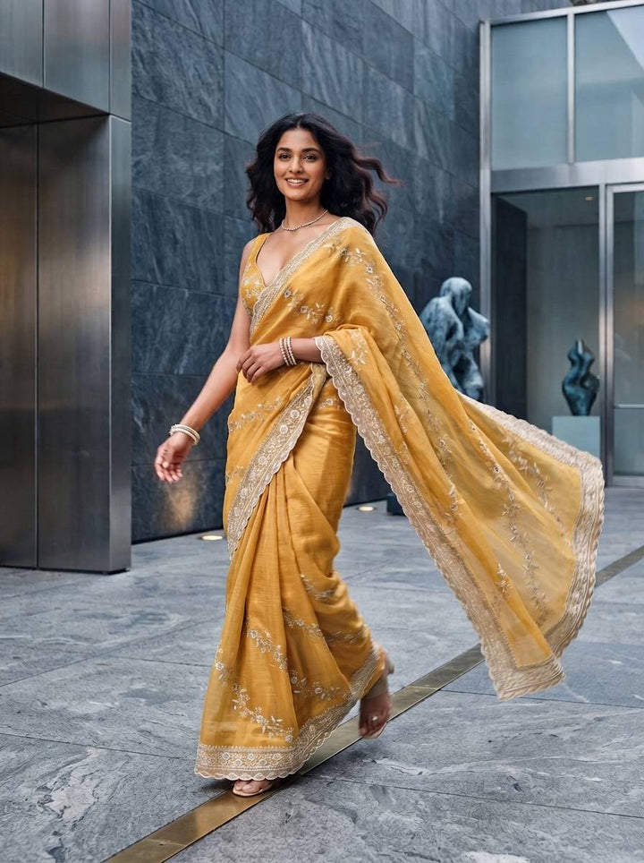 MEERA ETHNIC NET LIGHT YELLOW SAREE