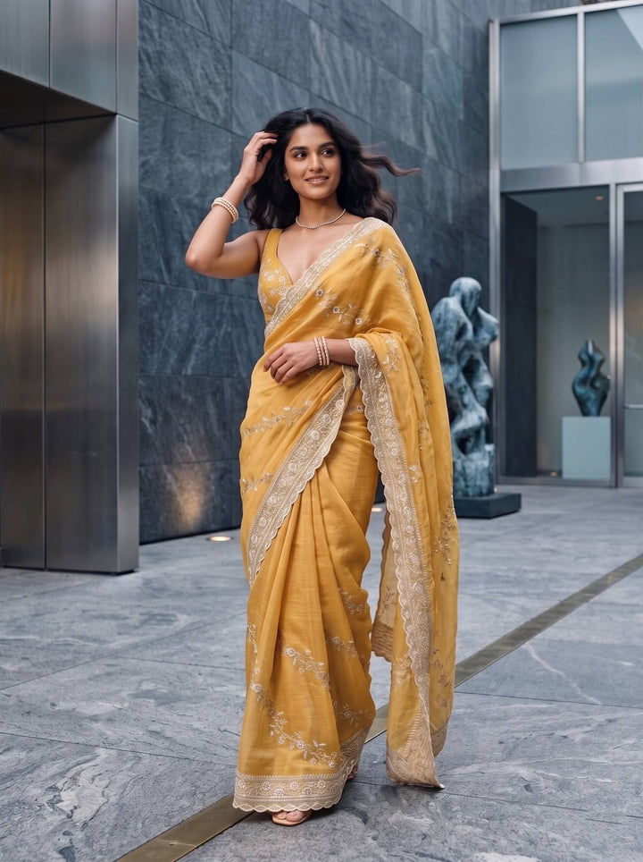 MEERA ETHNIC NET LIGHT YELLOW SAREE