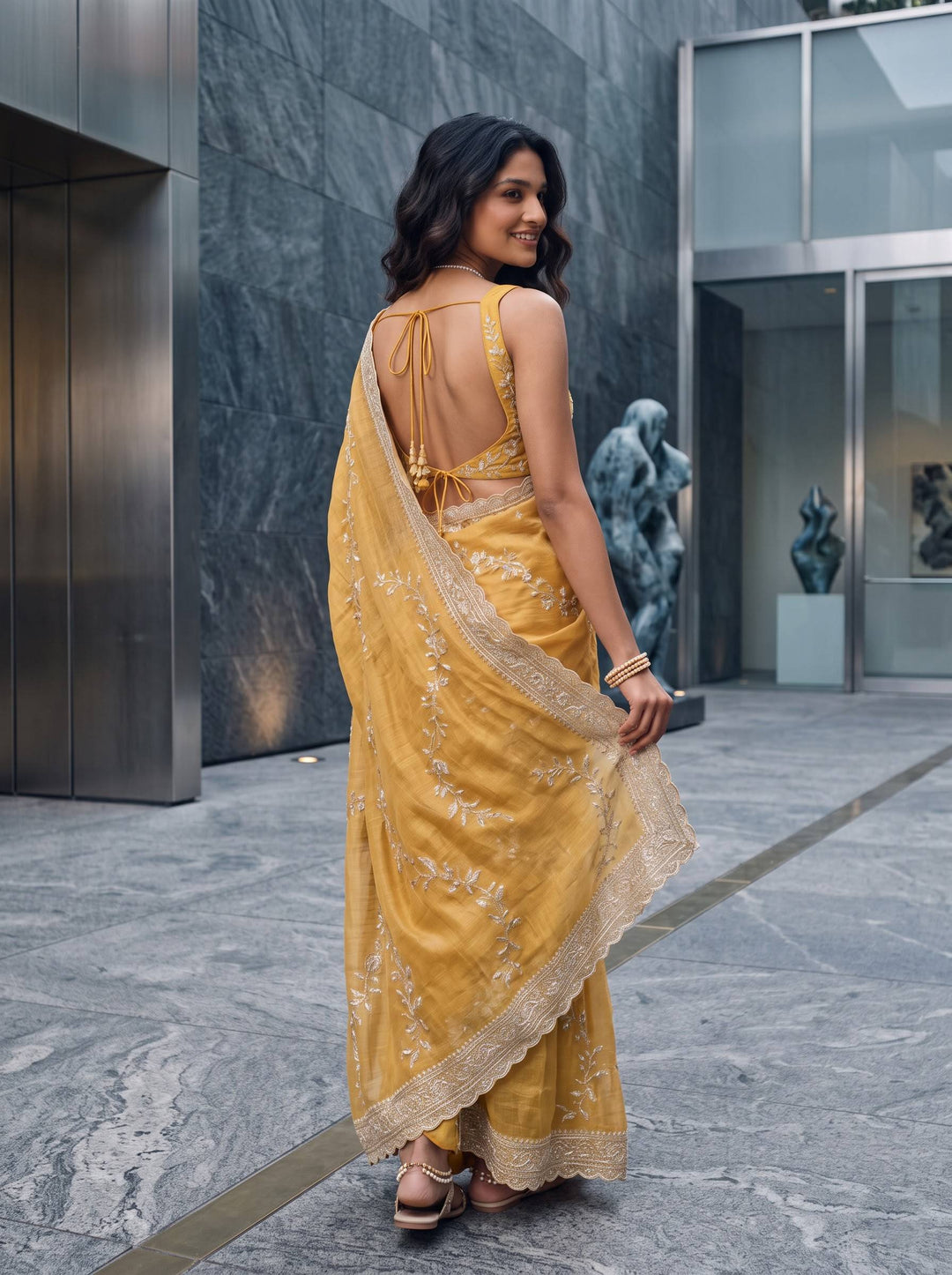 MEERA ETHNIC NET LIGHT YELLOW SAREE