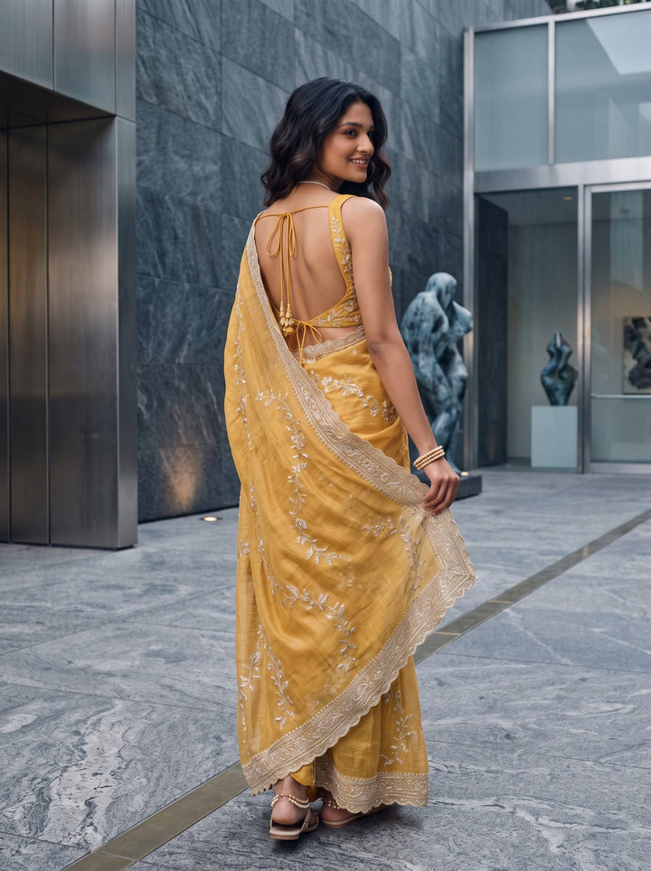 MEERA ETHNIC NET LIGHT YELLOW SAREE