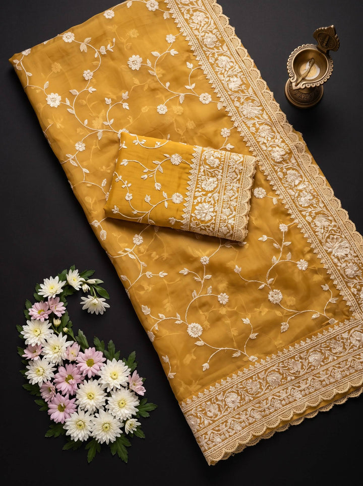 MEERA ETHNIC NET LIGHT YELLOW SAREE