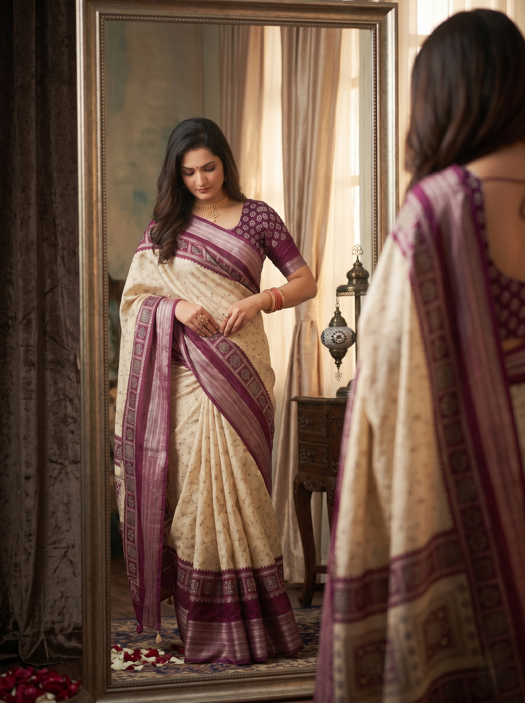 SOFT SILK ETHNIC JACQUARD WOVEN SAREE IN OFF-WHITE & WINE PURPLE | TRADITIONAL ELEPHANT MOTIF PRINTED PALLU WITH UNSTITCHED BLOUSE PIECE