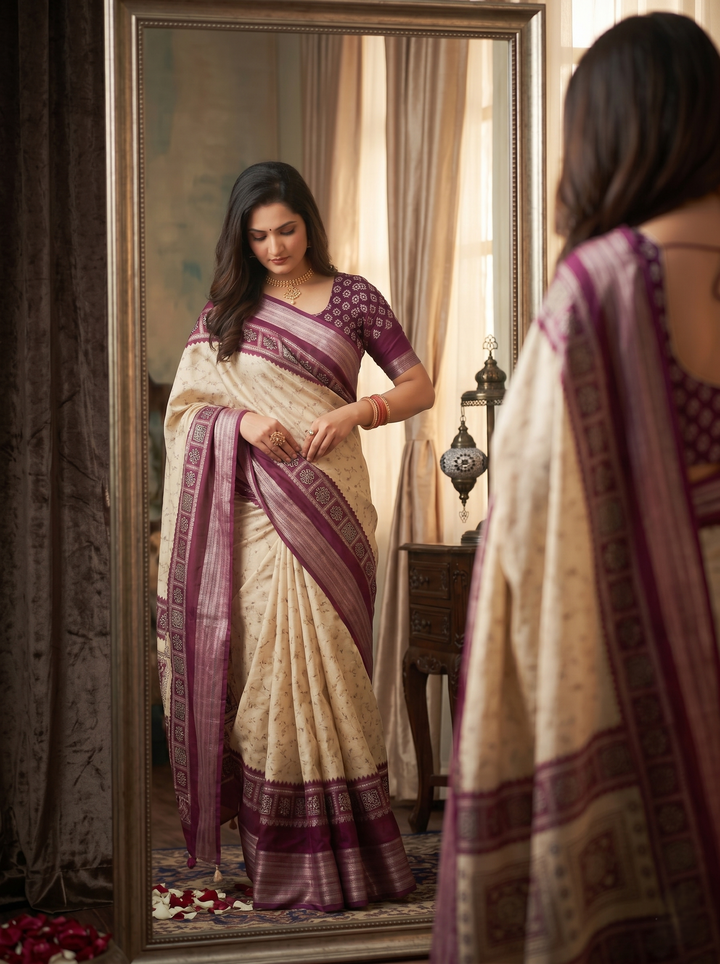 SOFT SILK ETHNIC JACQUARD WOVEN SAREE IN OFF-WHITE & WINE PURPLE | TRADITIONAL ELEPHANT MOTIF PRINTED PALLU WITH UNSTITCHED BLOUSE PIECE