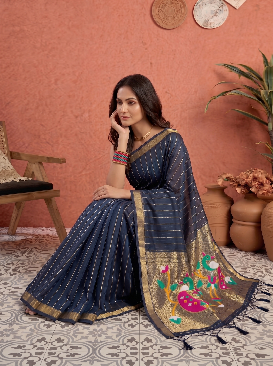 NAVY BLUE SOFT SILK SAREE - TRADITIONAL JACQUARD PAITHANI STYLE WITH MULTICOLORED MOR MOTIFS - SLIM SILHOUETTE GOLD ZARI STRIPE PATTERN