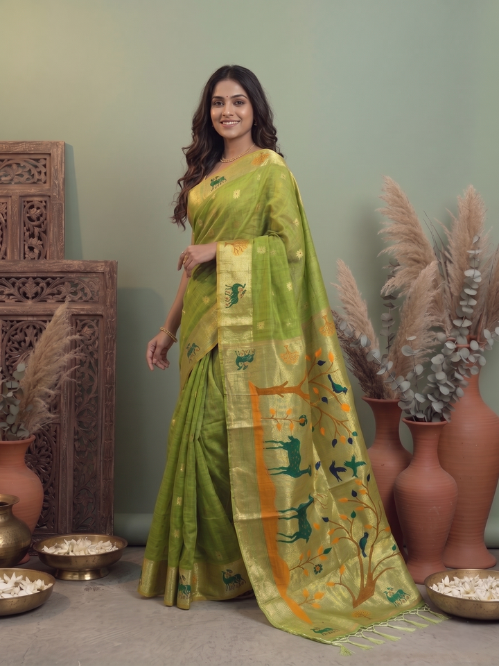 MEHENDI GREEN SOFT COTTON SILK JACQUARD SAREE WITH GOLDEN ZARI BORDER | DEER & TREE MOTIF DESIGNER SAREE WITH UNSTITCHED BLOUSE PIECE