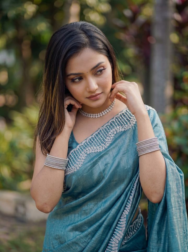 Ocean Teal Shimmer Silk Saree with Designer Scallop Border