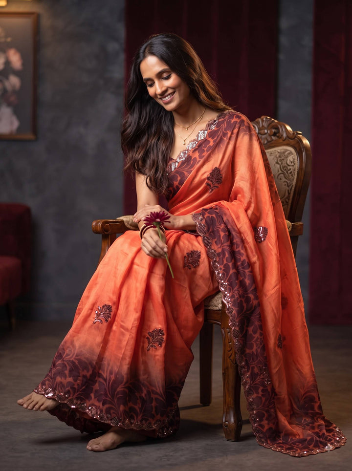 AURA STONE DARK ORANGE SAREE