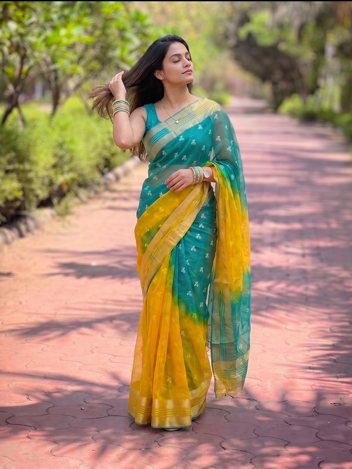 PREMIUM LIGHTWEIGHT GEORGETTE LEHERIYA SAREE WITH GOLDEN BUTTI & ZARI WOVEN BORDER - ORANGE & RED