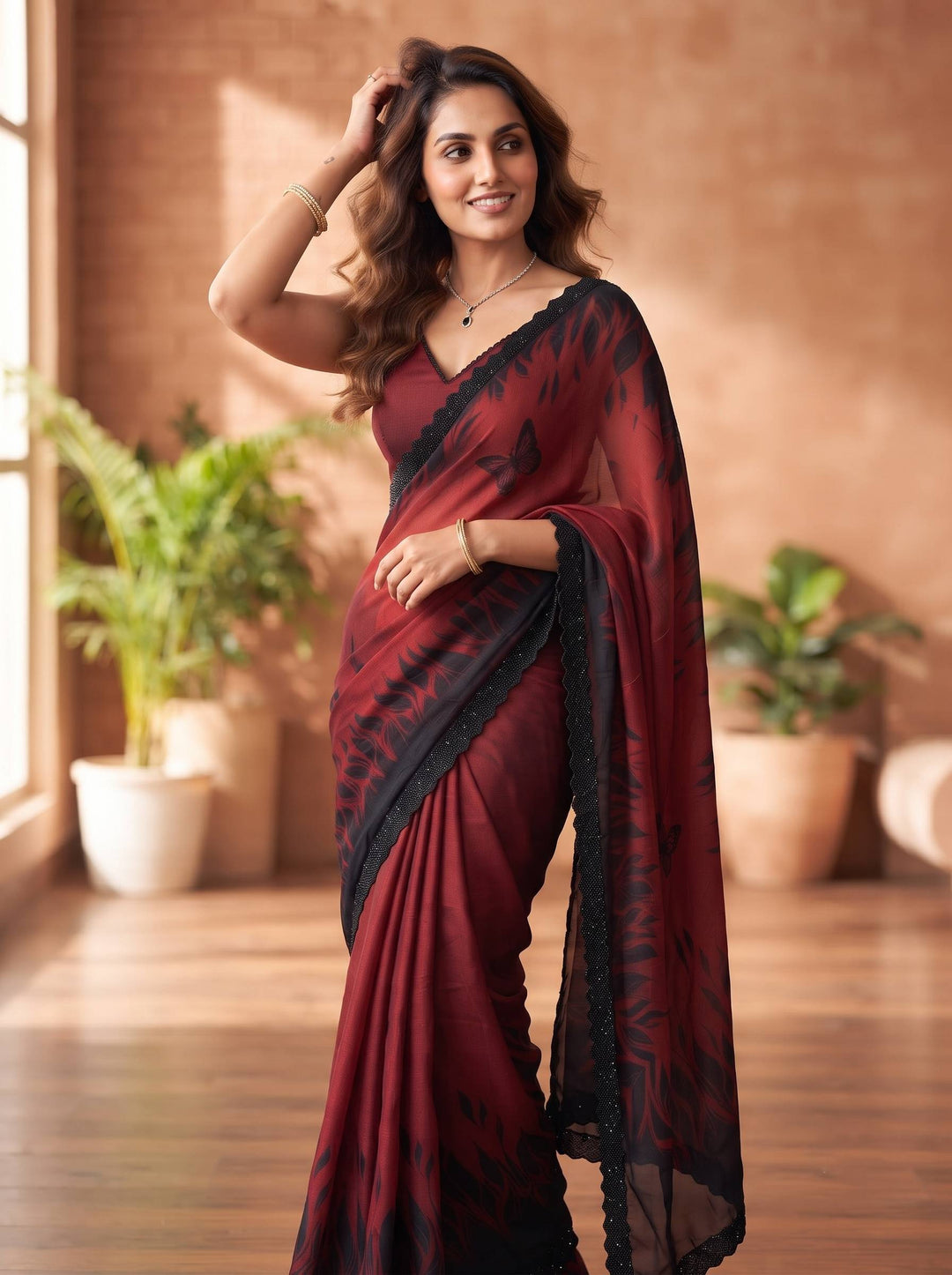 EMERALD GLOW DARK RED SAREE