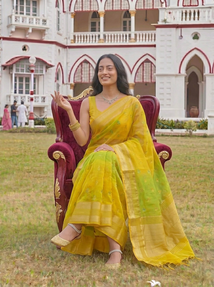 WOMEN'S YELLOW & GREEN GEORGETTE LEHERIYA PRINT SAREE WITH GOLDEN BUTTI WORK | SOFT ART SILK FESTIVE SAREE FOR HALDI & MEHENDI WITH UNSTITCHED BLOUSE