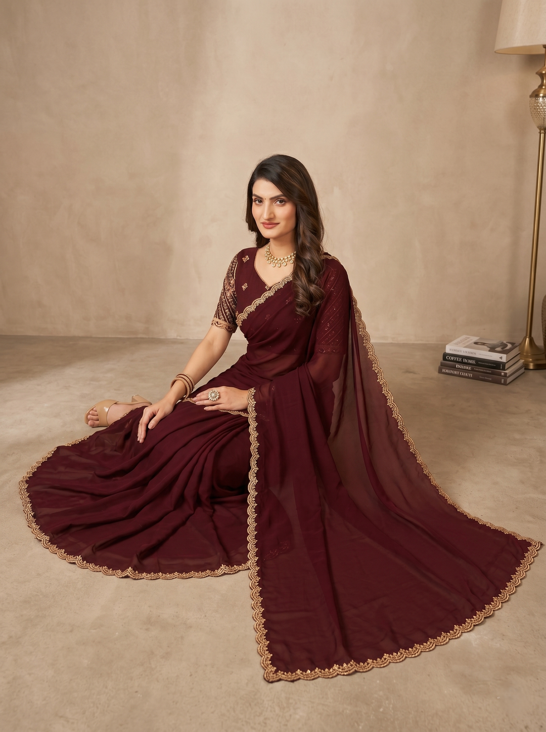 PREMIUM SOFT TANYA SILK SAREE WITH GOLDEN SCALLOPED CUTWORK BORDER & HEAVY EMBROIDERY BLOUSE