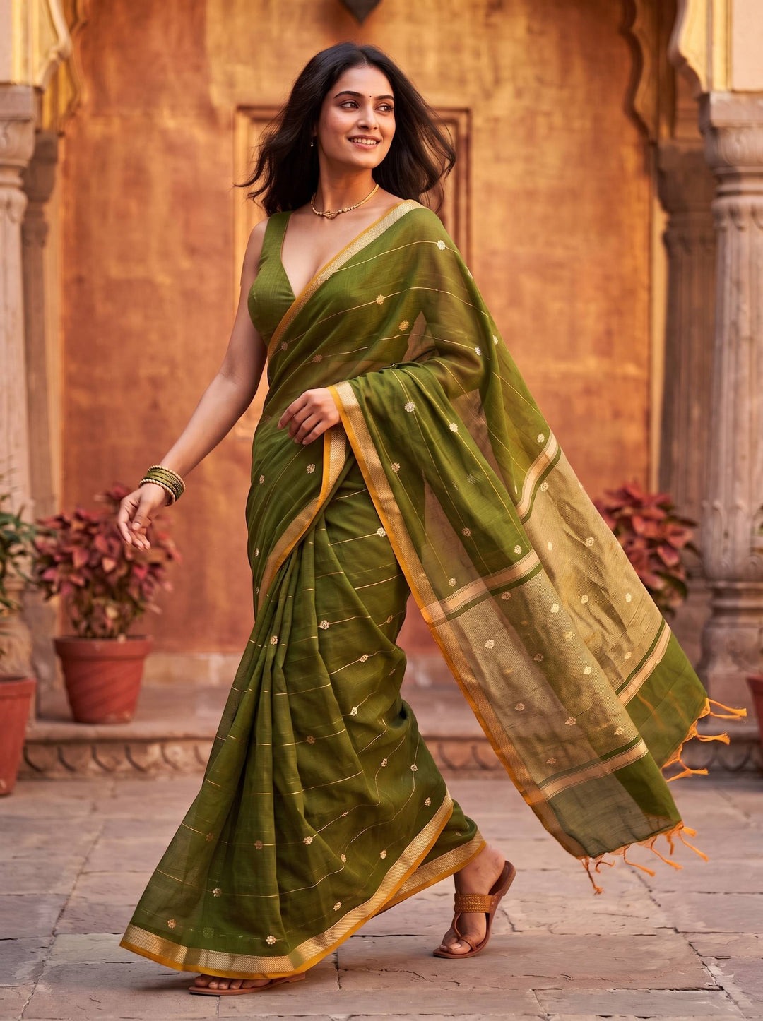 MAHESHWARI PAITHANI GREEN SMALL BORDER