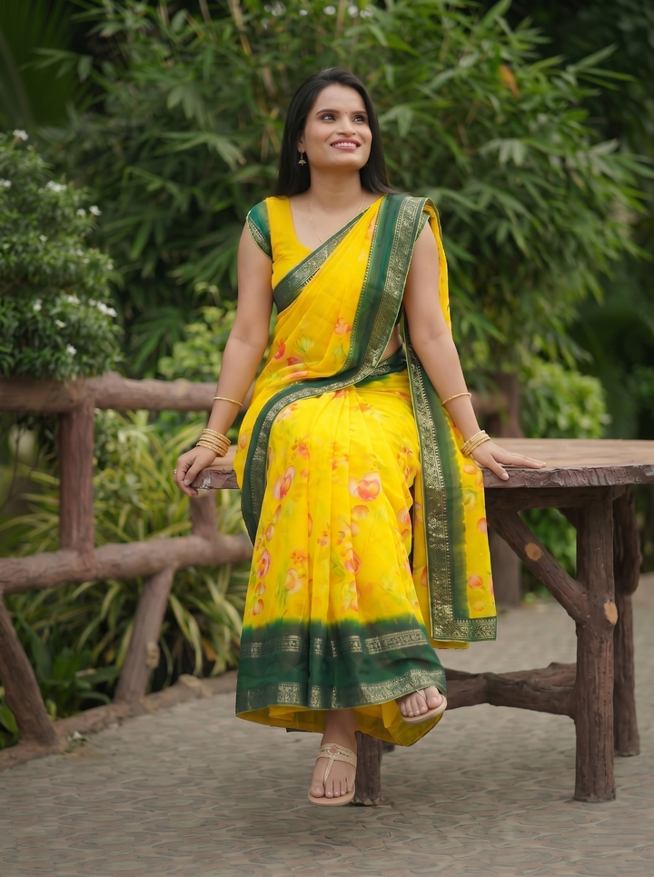 LEMON YELLOW & BOTTLE GREEN FLORAL DIGITAL PRINT SAREE | PREMIUM LIGHTWEIGHT GEORGETTE ETHNIC WEAR