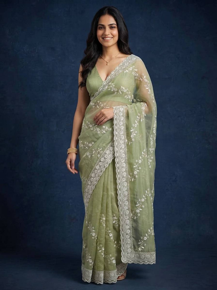 MEERA ETHNIC NET LIGHT GREEN SAREE