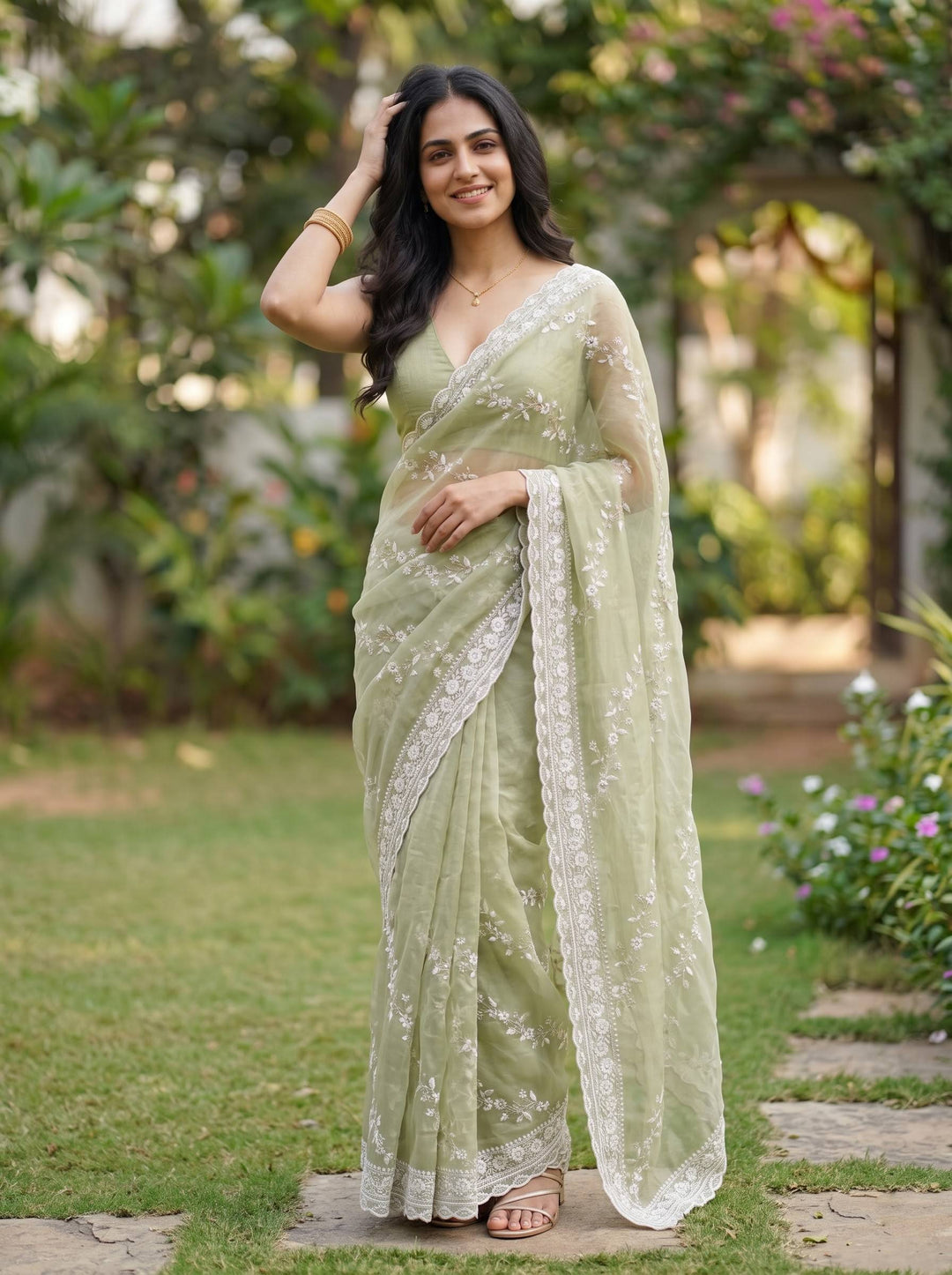 MEERA ETHNIC NET LIGHT GREEN SAREE