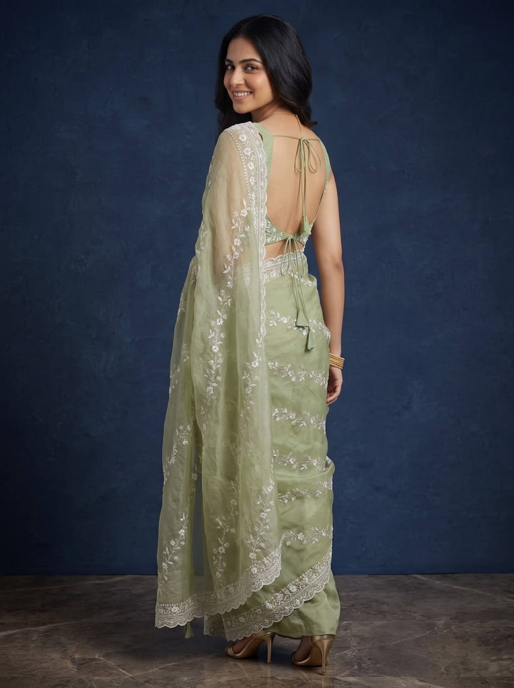 MEERA ETHNIC NET LIGHT GREEN SAREE