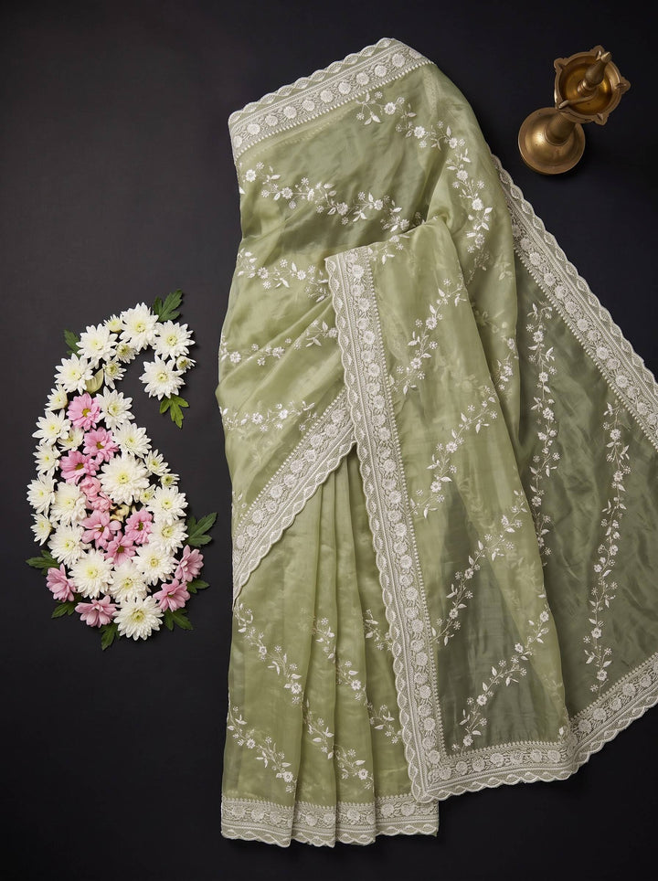 MEERA ETHNIC NET LIGHT GREEN SAREE