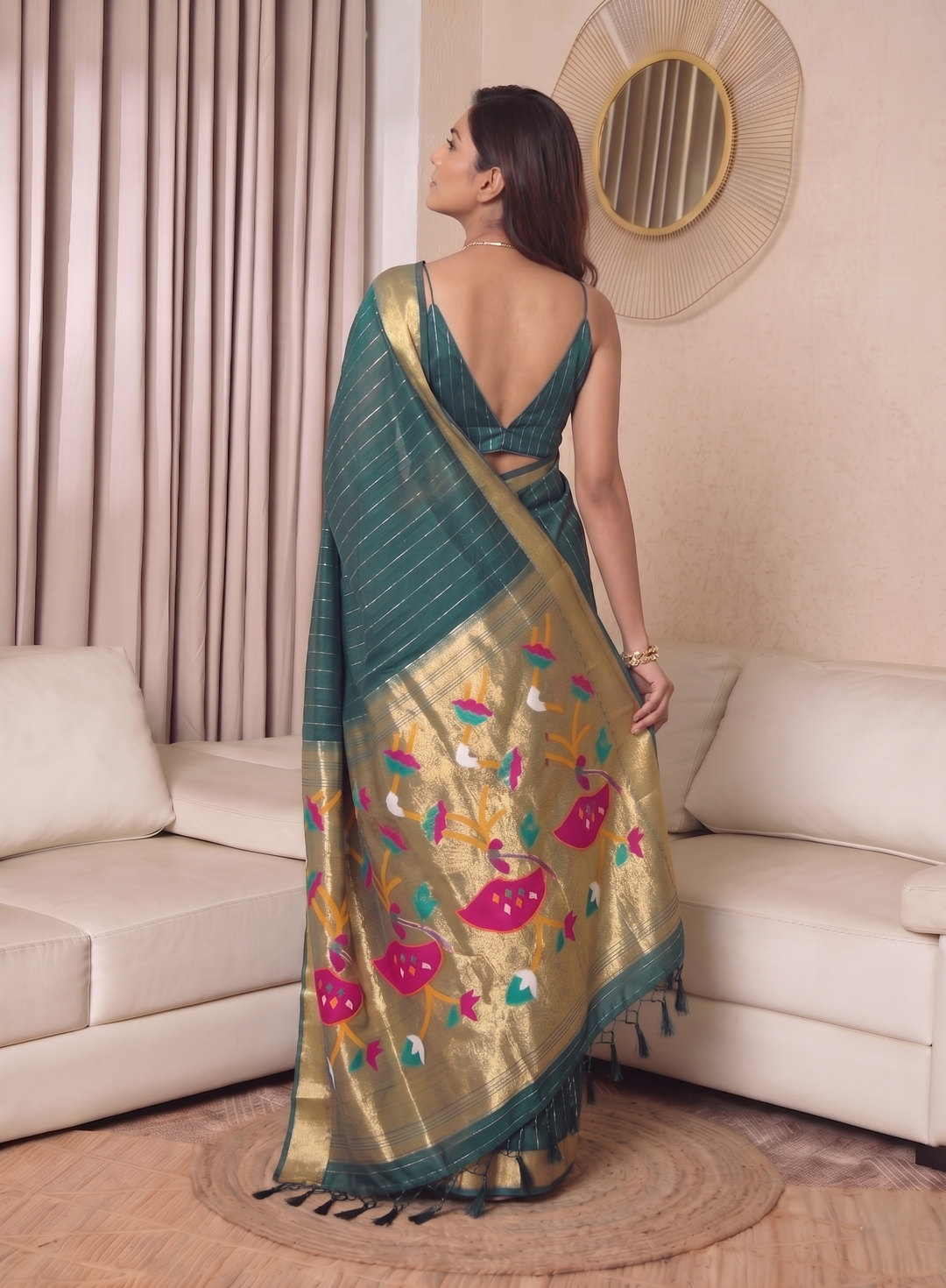 BOTTLE GREEN SOFT SILK JACQUARD PAITHANI SAREE | GOLD ZARI STRIPE PATTERN | TRADITIONAL PEACOCK DESIGN PALLU WITH TASSELS | FULL SIZE SILK SAREE FOR WOMEN