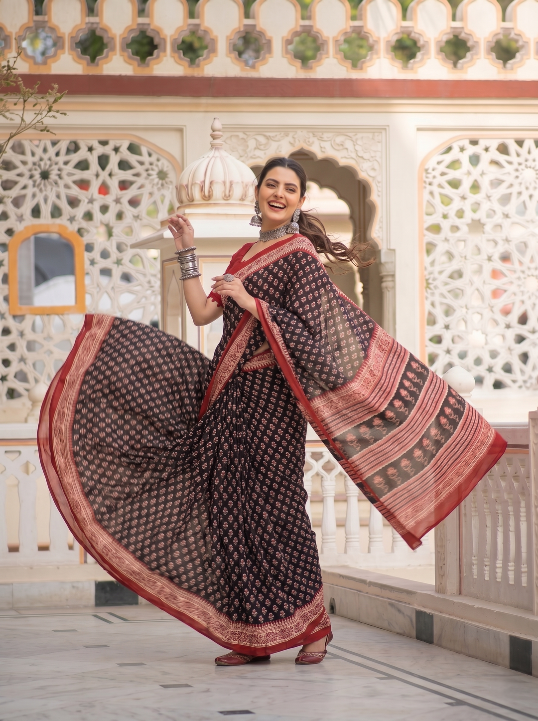 PREMIUM SOFT ART SILK SAREE WITH TRADITIONAL ALL-OVER BOOTI PRINT & CONTRAST WOVEN BORDER - BLACK & RED