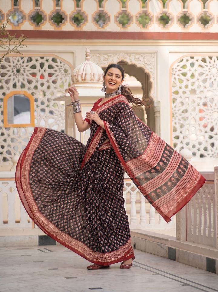 PREMIUM SOFT ART SILK SAREE WITH TRADITIONAL ALL-OVER BOOTI PRINT & CONTRAST WOVEN BORDER - BLACK & RED