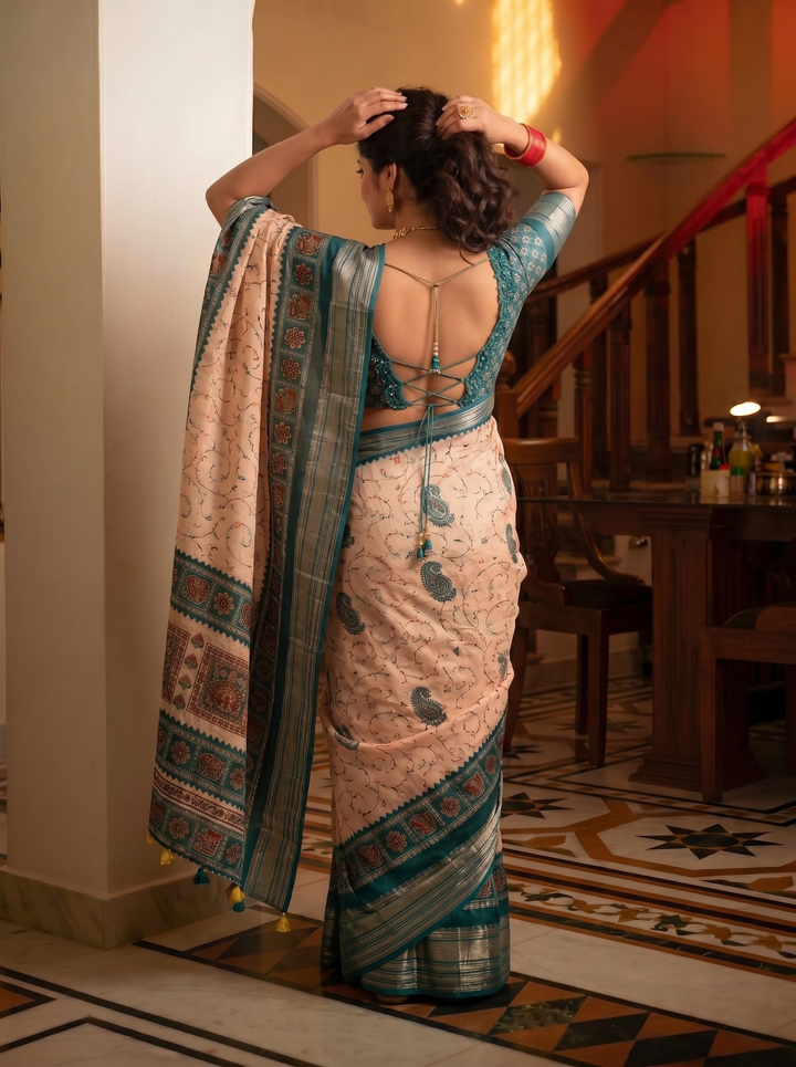 OFF-WHITE CREAM SOFT SILK SAREE - NAVY BLUE BORDER WITH ETHNIC MANDALA & FLORAL PRINTS - PREMIUM SLUB TEXTURE BOUTIQUE SAREE WITH CONTRAST BLOUSE PIECE